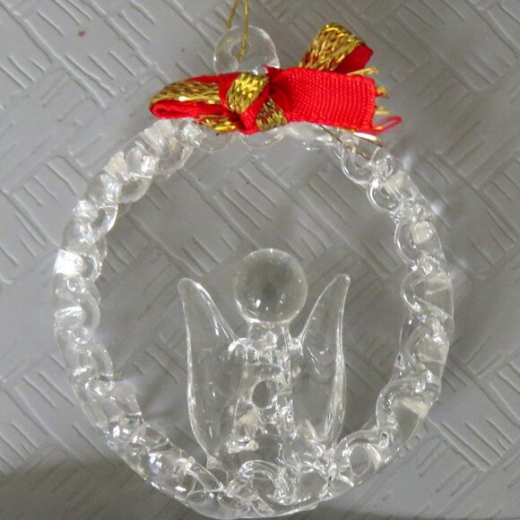 Vintage Clear Spun Glass Crystal Angel in Wreath Hanging Holiday Ornament - Picture 8 of 15
